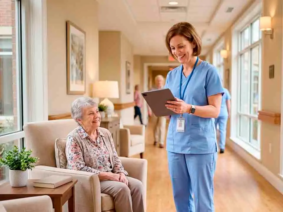 Enfermera usando tablet en residencia de adulto mayor